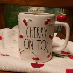 Adorable Rae Dunn Cherry on Top mug with Kate Spade Cherries kitchen towel